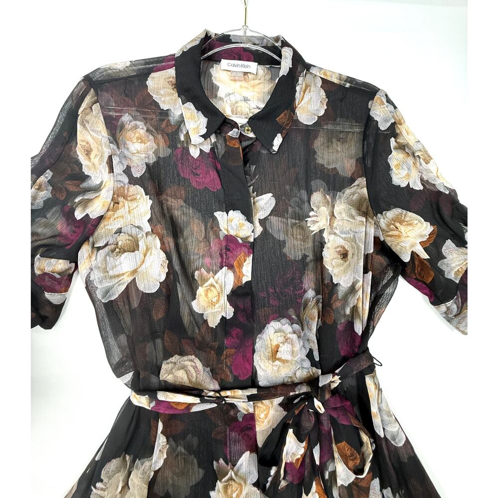 Calvin Klein women's black floral print dress sheer belted waist Sz 8 - Picture 7 of 12